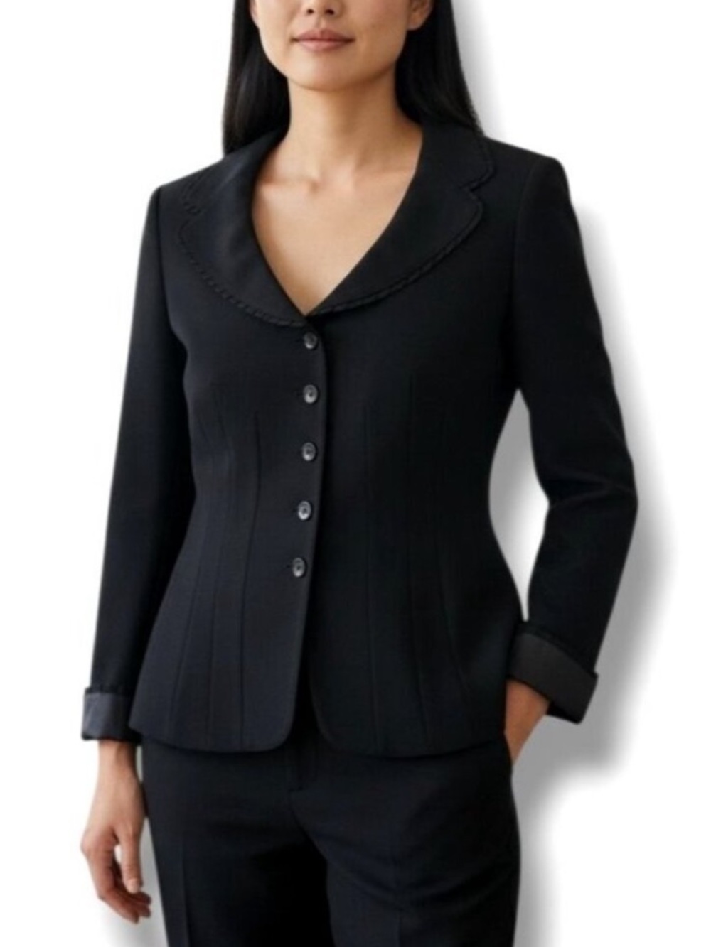 Escada black wool ruffle detail button down blazer size 40 / USA 10